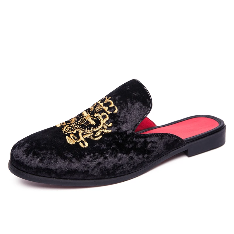 Luxury royal style men mules slippers velvet handmade embroidery bee pattern exotic designer loafers fashion brand casual shoes | Обувь