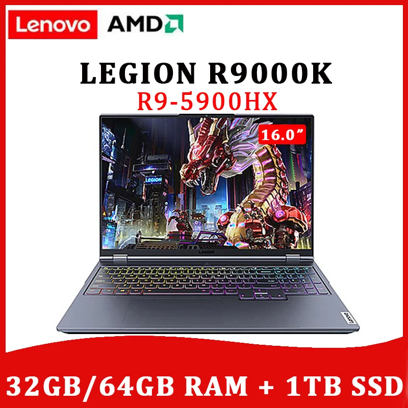 Lenovo Laptop Legion R9000K Gaming E-sports 16inch AMD R9-5900HX 32G/64G RAM 1TB SSD RTX 3080 2.5K 165Hz Backlit Metal
