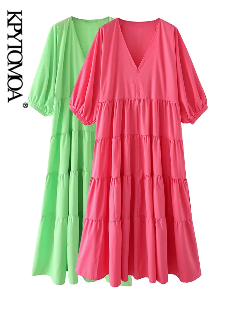 

KPYTOMOA Women Fashion Poplin Panelled Midi Dress Vintage V Neck Three Quarter Sleeve Female Dresses Vestidos Mujer