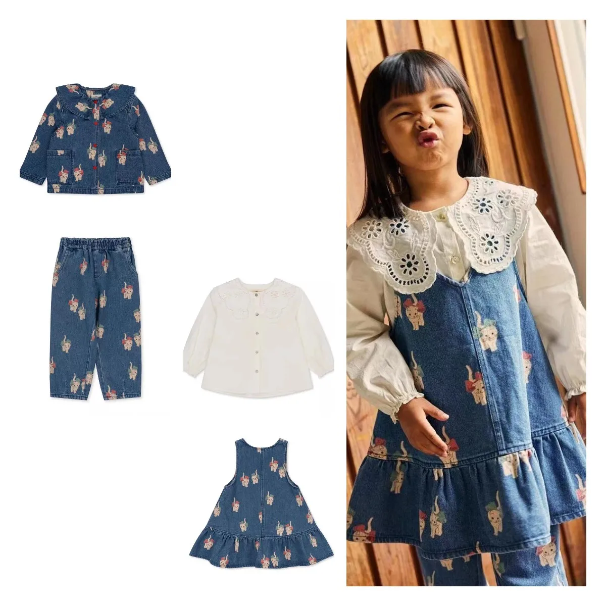 

2013 Ks осеннее детское джинсовое пальто с принтом, рубашка, Джинсовый комплект для девочек, белая блузка, платье