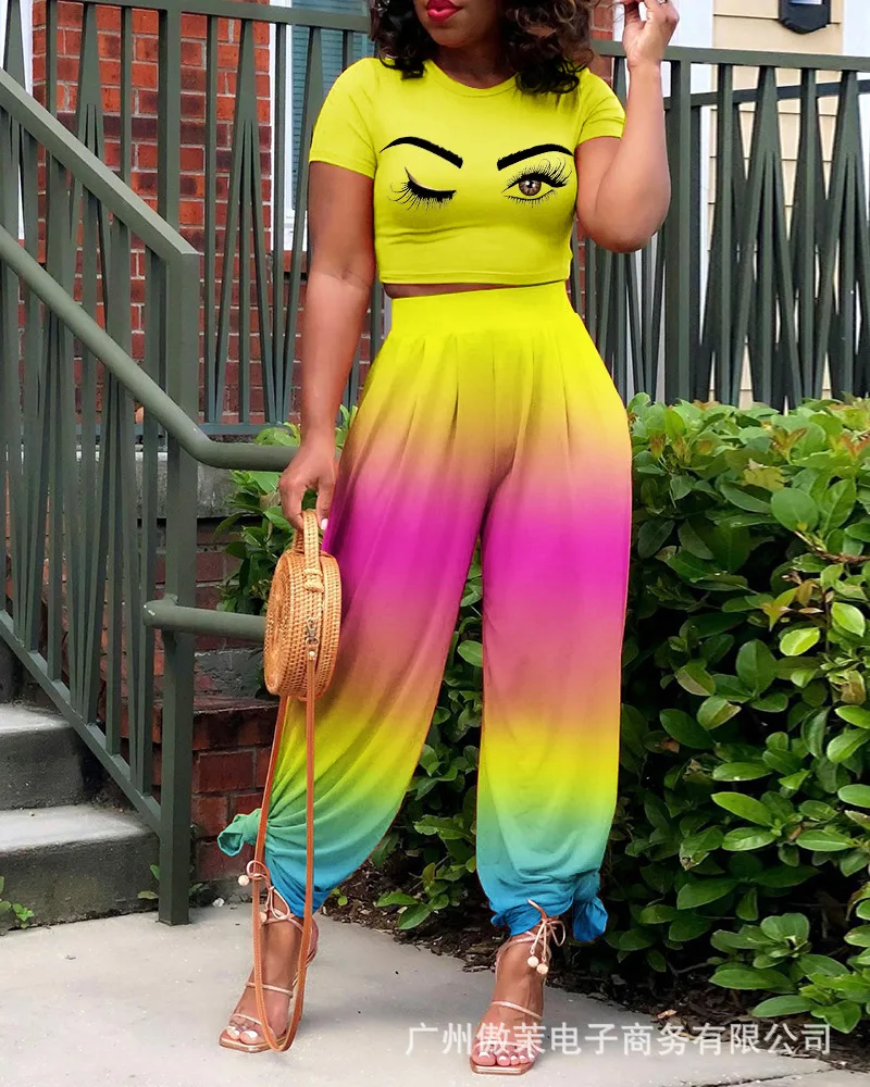 

Two piece set women 2022 summer new short-sleeved top + trousers set woman 2 pieces women's fashion slim gradient printing suit