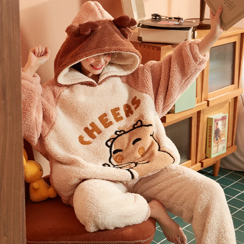 

Pajamas Sets Women Winter Flannel Thicken Sleepwear Coral Fleece Cute Bear Pyjama Loungewear Loose Homewear Suit Night Wears