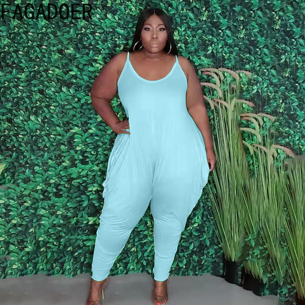 FAGADOER Sexy Strap V Neck Jumpsuits Plus Size Women Clothing XL-5XL Fashion Solid Long Pants Playsuit Summer Casual Romper 2022