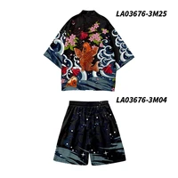 plus size new carp wave print 2022 summer loose japanese streetwear cardigan men harajuku kimono suit pants design shirts yukata