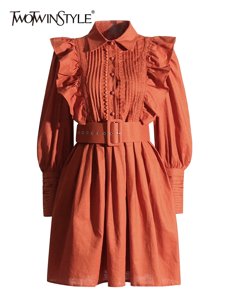 

Женское платье с оборками TWOTWINSTYLE, однотонное платье с отложным воротником и рукавами-фонариками, с высокой талией