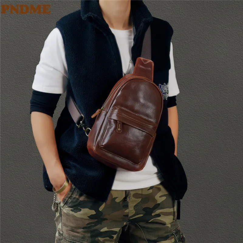 PNDME casual vintage luxury genuine leather men's chest bag outdoor travel designer real cowhide daily sports crossbody bag