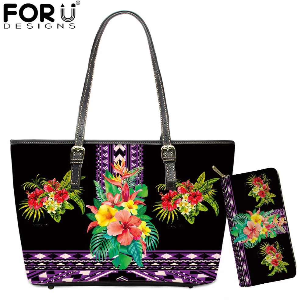 

FORUDESIGNS Fashion 2Pcs/Set Handbag&Wallet for Women Polynesian Tropical Plumeria Hibiscus Print Female PU Shoulder Bag bolsos