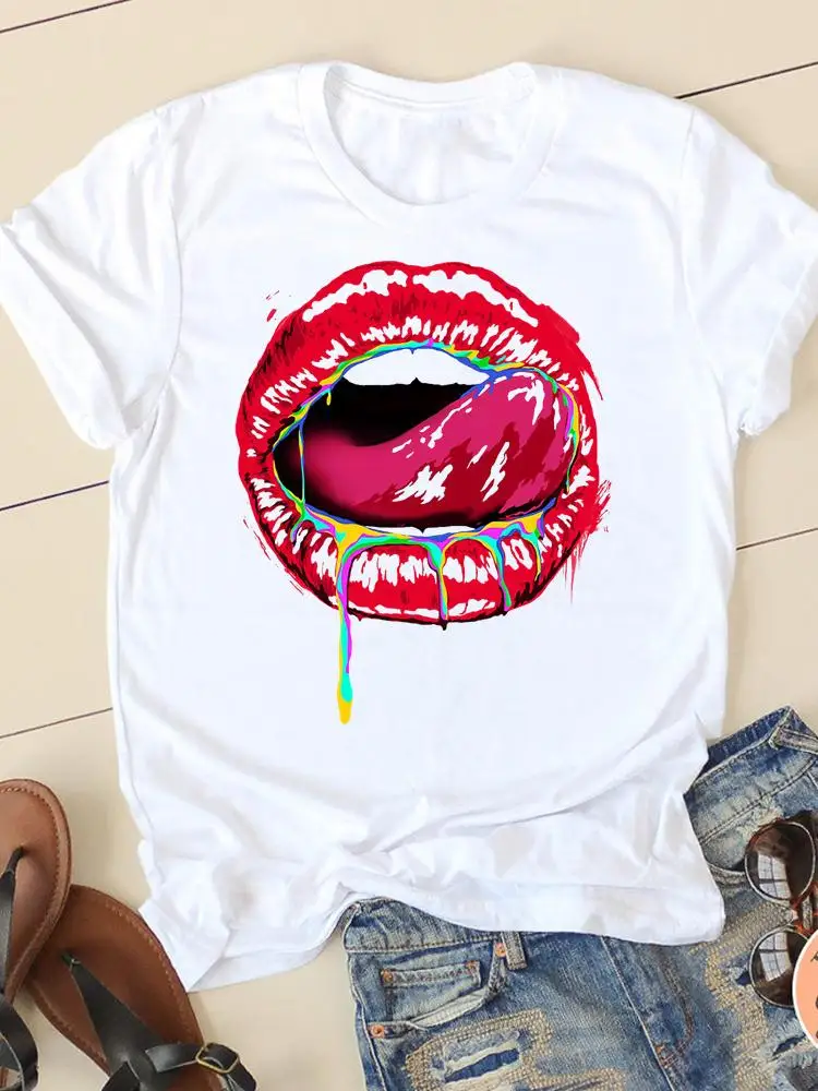 

Clothing Watercolor Lip Trend Cute Summer Short Sleeve Ladies Casual Women Fashion Graphic Tee T-shirts Female T Shirt Clothes