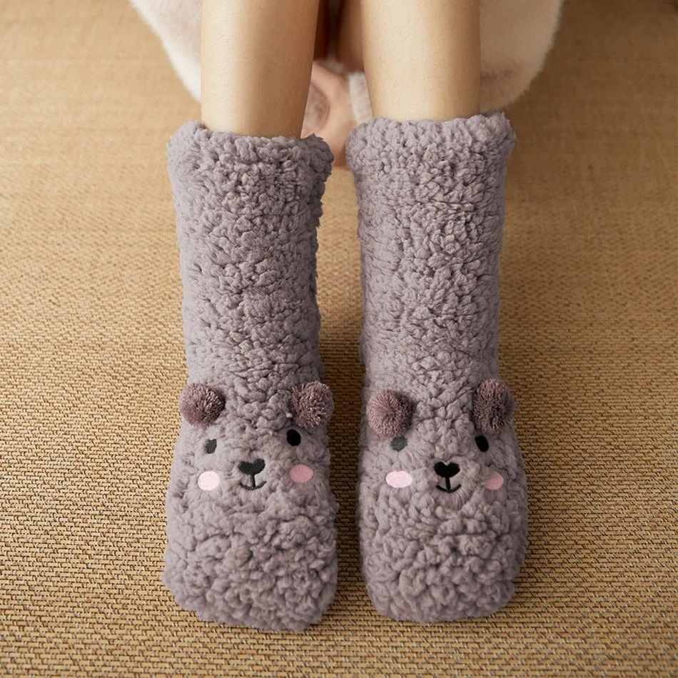 Women Kawaii Bear Socks Fuzzy Sleeping Warm Winter Coral Fleece Home House Slippers Cute Soft Fluffy Thermal Socks Ladies Female