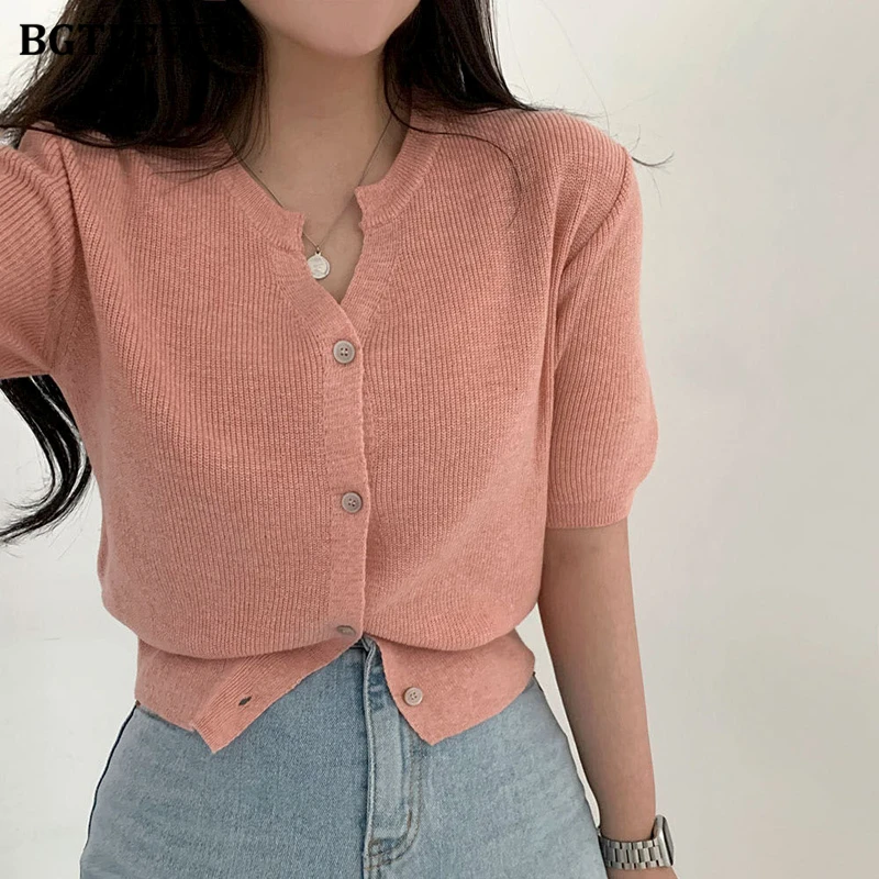 

Женский однотонный вязаный кардиган BGTEEVER, повседневный однобортный базовый свитер с круглым вырезом и коротким рукавом, с открытым стежком, на лето