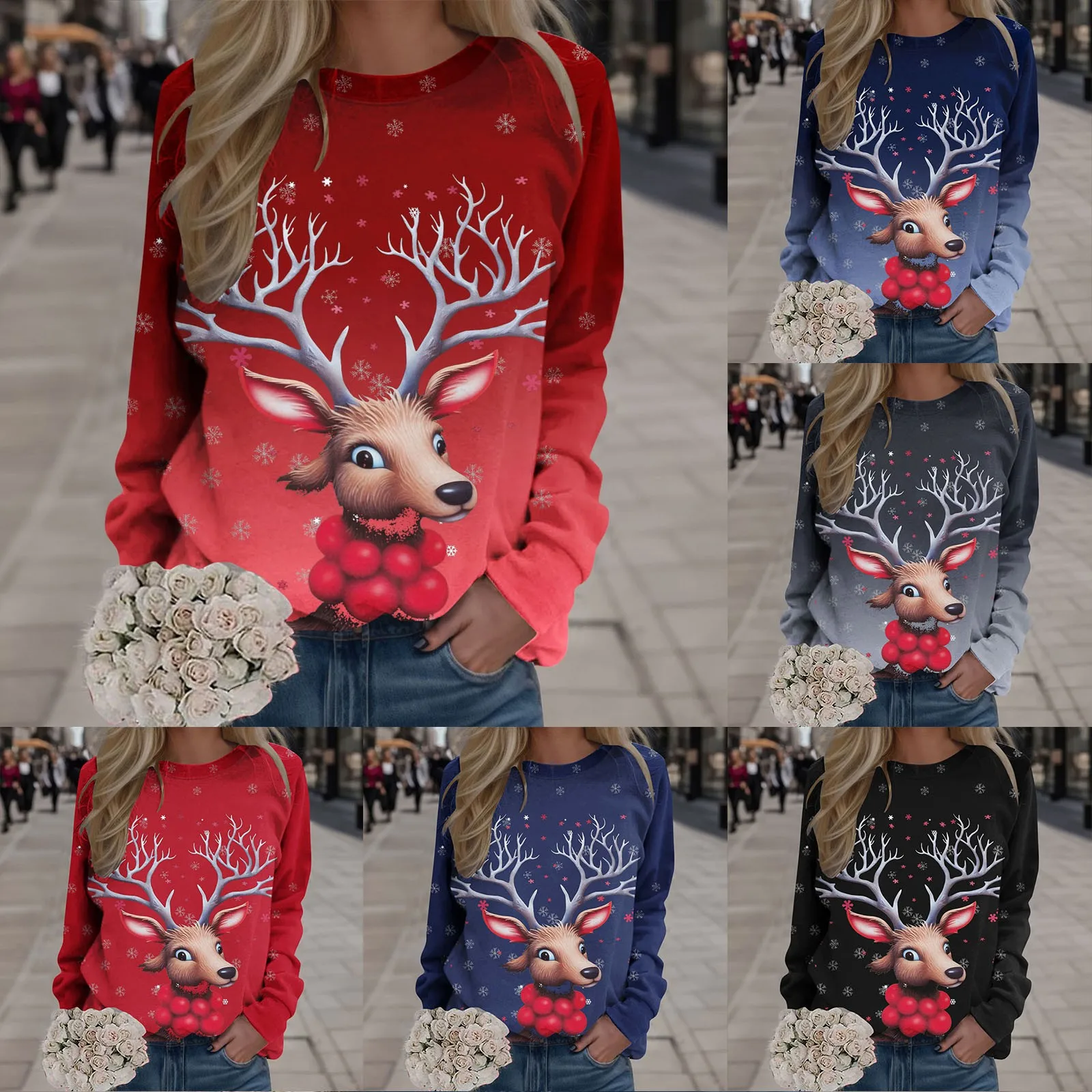 

Женский Рождественский пуловер с длинным рукавом и круглым вырезом