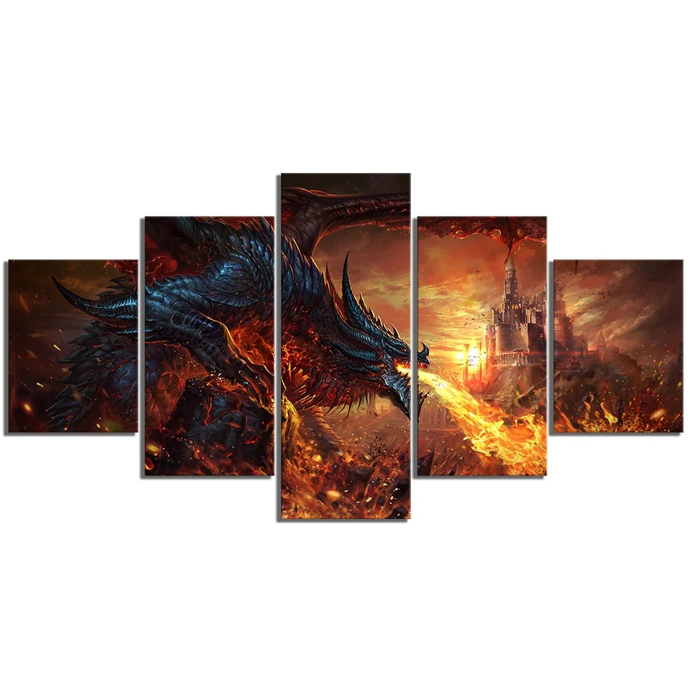 

Fantasy Art Paintings Fire Dragon 5 Pcs Modern Home Wall Decor Canvas Picture Art HD Print Painting On Canvas for Living Room