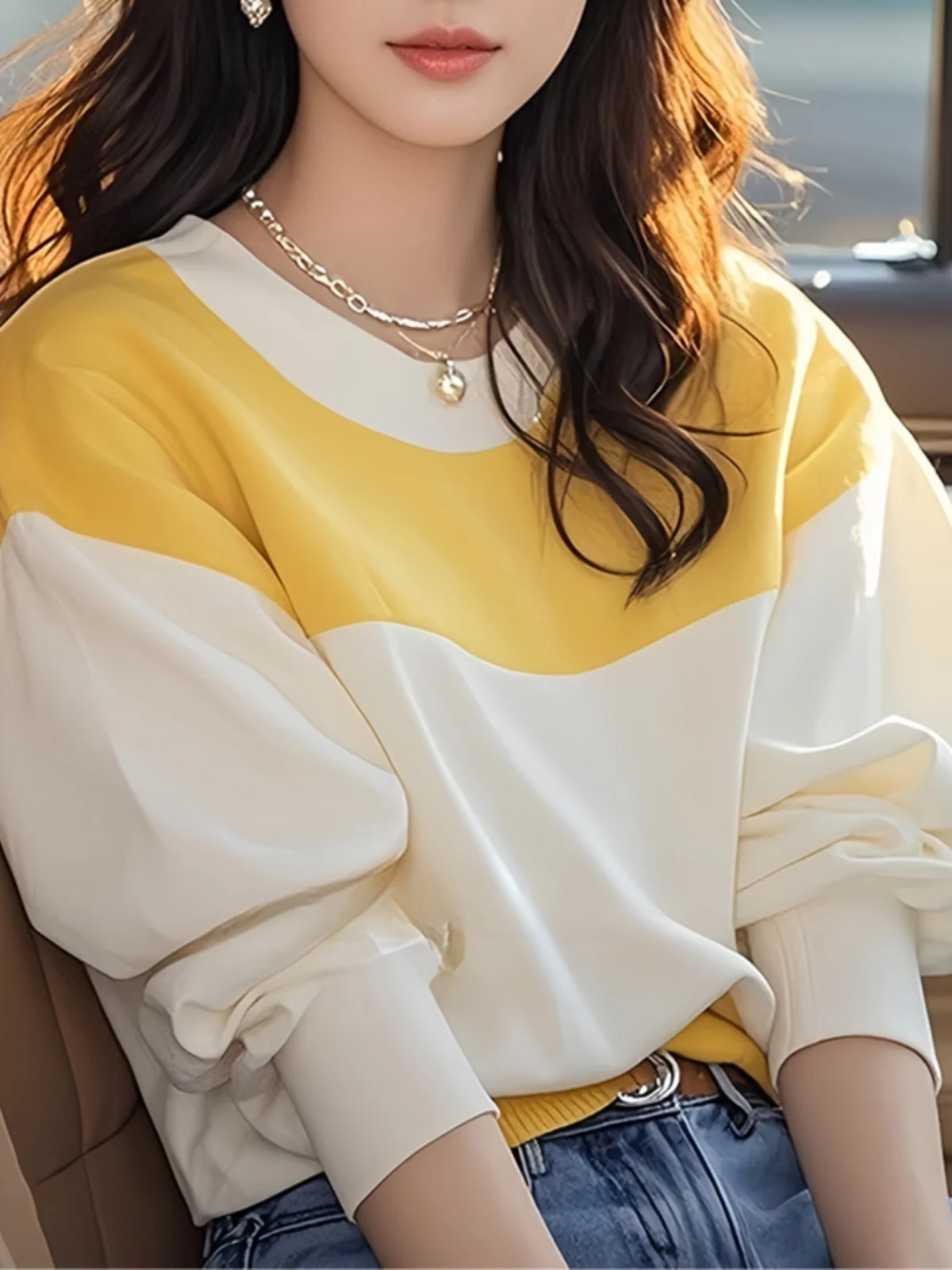 Желто-белая свободная рубашка контрастного цвета с длинными рукавами для женщин