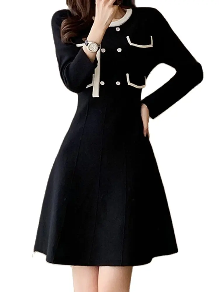 

Elegant Knitted Skirt Retro Contrasting Round Neck Dual -Dirt Dresses 2022 Autumn New Korean Fashion Women'S Clothing