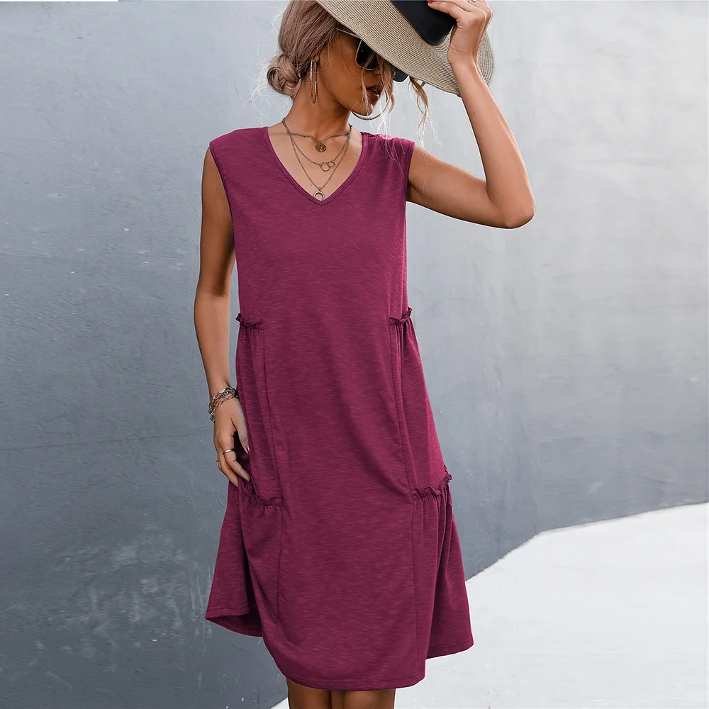 

Women Sleeveless Solid Casual Loose Knee Length Dress Summer New V-neck Tank Ruffled Elegant Beach Sundress Female Korean Black