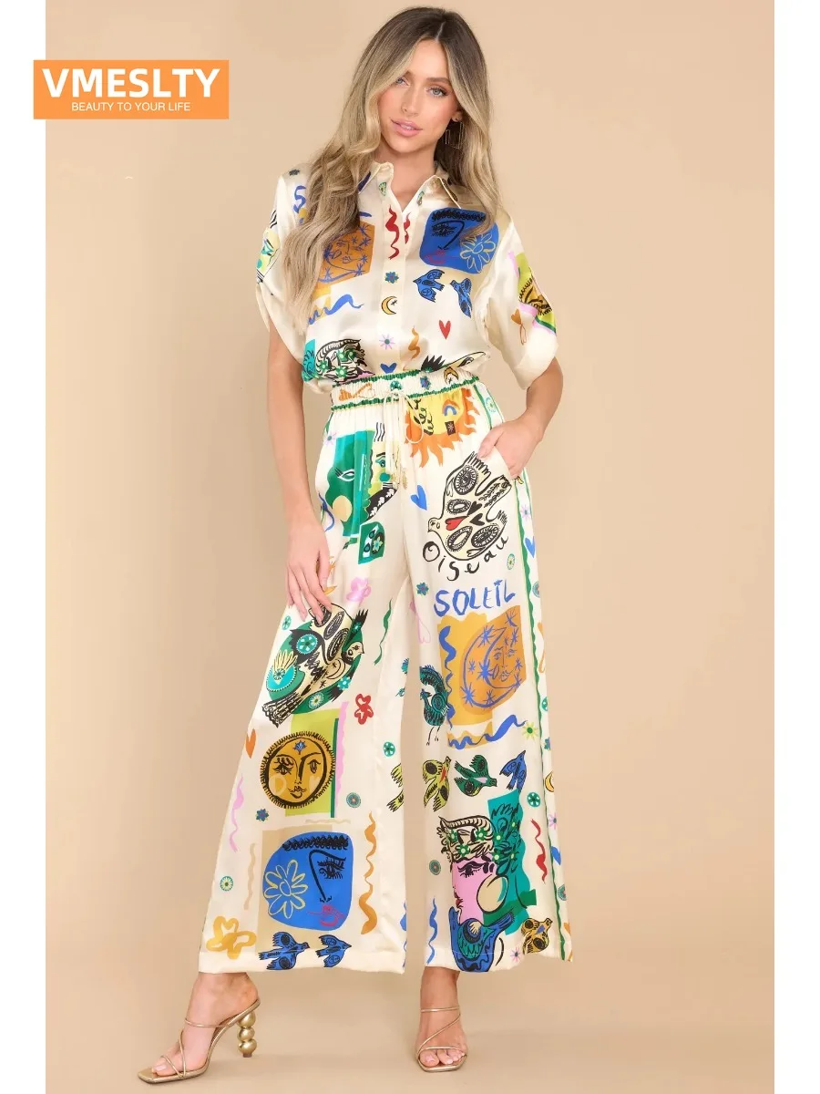 

Vmeslty Summer Graffiti Printing Satin Short Sleeve Lapel Shirt Trousers Casual Two-Piece Suit