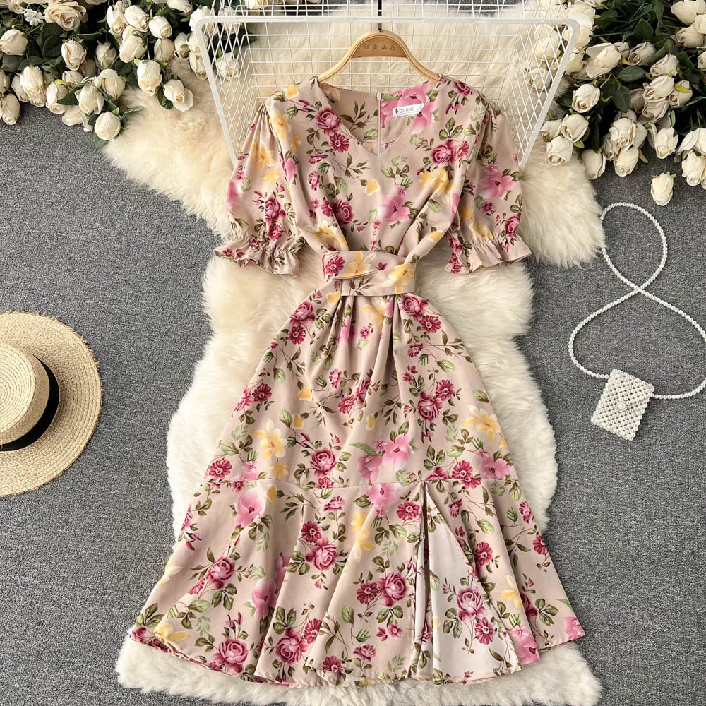 

D240 Women 2022 New Fashion V Neck Short Sleeve Retro Slim High Waist Floral Print A-line Dress Elegant Clothes Vestidos