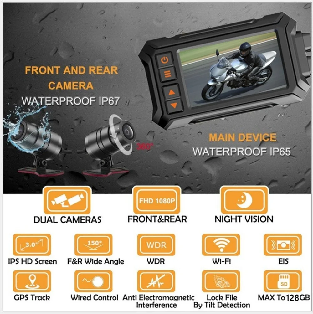 

Видеорегистратор для вождения мотоцикла HD с двумя объективами и двойной записью звездного света, ночное видение, Wi-Fi, стандартное подключен...