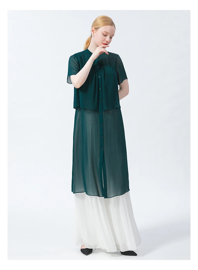 Длинная двухслойная шелковая креп-Жоржет с вертикальным воротником и декоративными складками, Однорядная футболка с несколькими пуговицами BE711