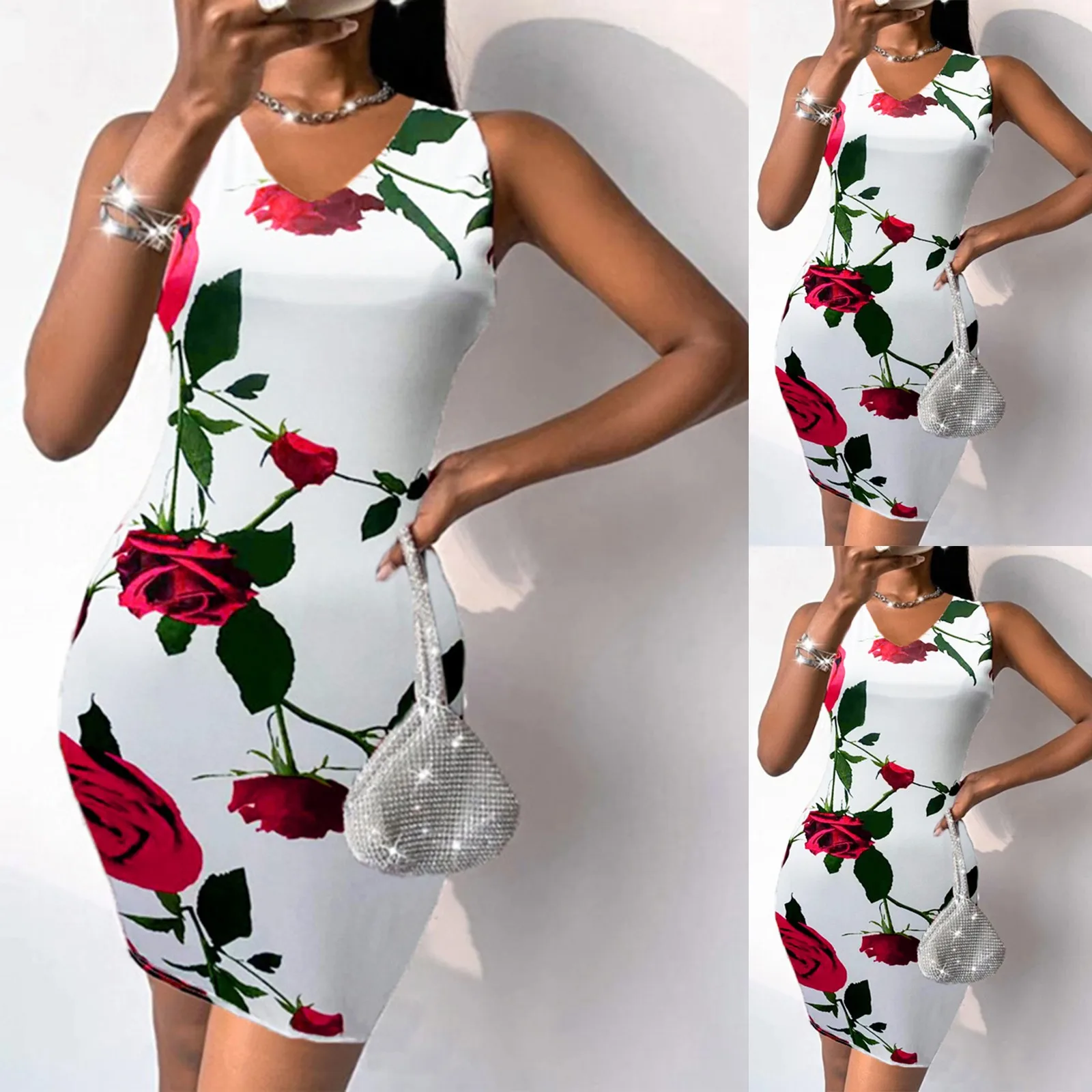 

Платье женское с принтом розы, повседневное элегантное городское приталенное платье без рукавов, пикантная одежда, лето