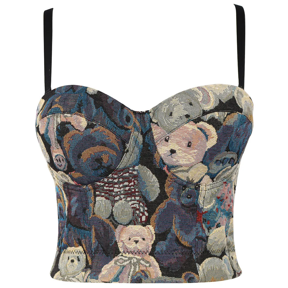 

New Arrival Women Sexy Designer Floral Laced Retro Denim Camisole Tops 2022 Short Stage Costumes Party Camis Crop Tops