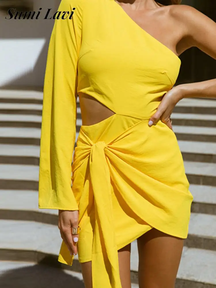

Fashion Hollow Hip Wrap Party Dress Women Off Shoulder Long Sleeve Lace Up Dress Sexy Irregular One Shoulder Solid Mini Dresses