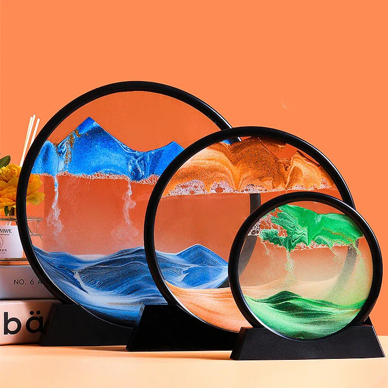 

Moving Sand Art Picture Round Glass 3D Hourglass Deep Sea Sandscape In Motion Display Flowing Sand Frame 7/12inch For home Decor