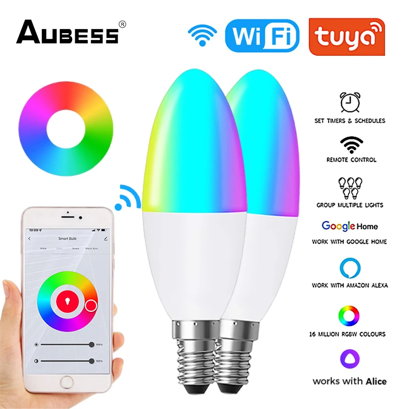 

Tuya Smart LED Candle Bulb Multicolor RGB Lamp 5W E14 Dimmable LED Lights Voice Control Music Bulb for Alexa Google Home Alice
