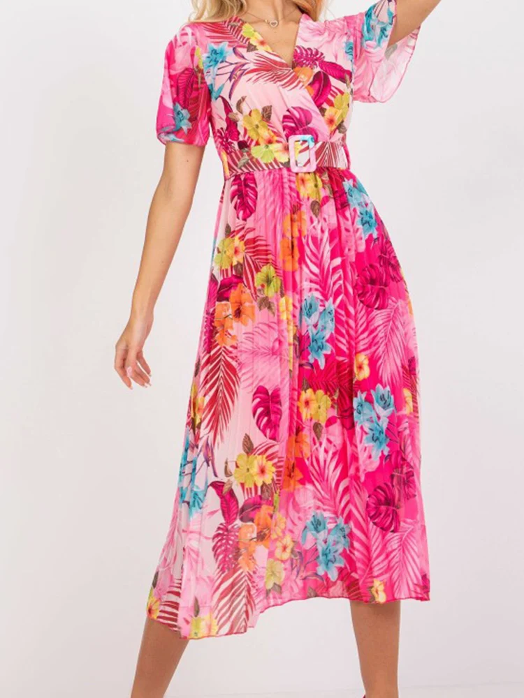 

Elegant Women Floral Printed Office Dress Fashion V Neck Short Sleeve Long Dress Summer Fashion Pleated Slim Waist A-Line Dress