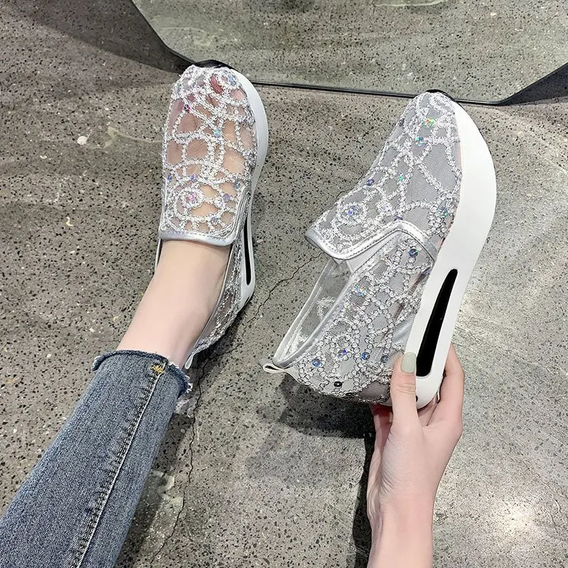 

Summer Women Casual wedge mesh Shoes New Spring White Sneakers Breathable women's sequins mesh breathable Gold casual shoes