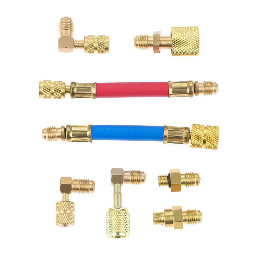 

R134A R12 Converting Adapter 1Set Straight Adapter 1/4\" SAE Brass Alloy Red Hose Adapter 1/4\" SAE New Durable