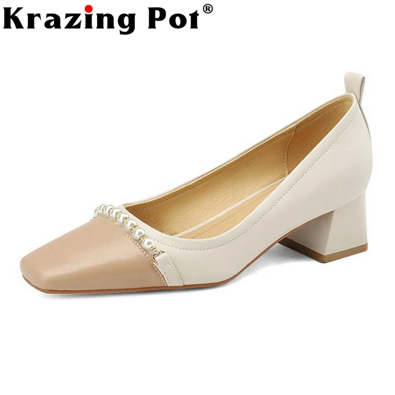 

Туфли Krazing Pot на среднем каблуке, натуральная кожа, квадратный носок, жемчуг, разные цвета, удобные французские романтические, без застежки, в...