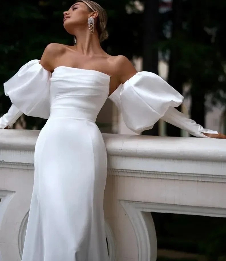 Современное белое свадебное платье русалки без бретелек плиссированное со