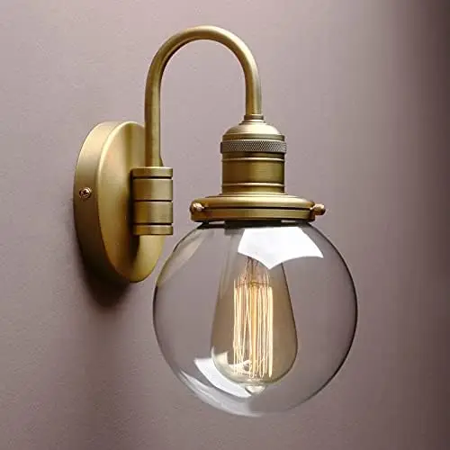 

Industrial Fixture Light, Round Clear Glass Shade with with Elegant Gooseneck Curved Rod Sconce for Bathroom,Bedroom, Corridor