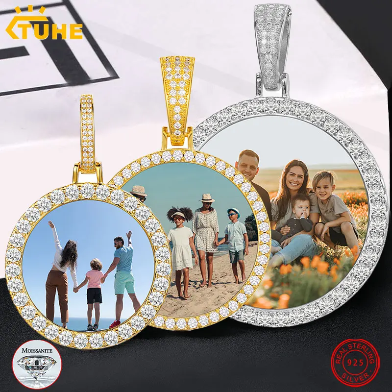 Fine Jewelry Round Memory Medallions Moissanite Custom Photo Pendant Necklace For Men Hip Hop Jewelry 925 Sterling Silver