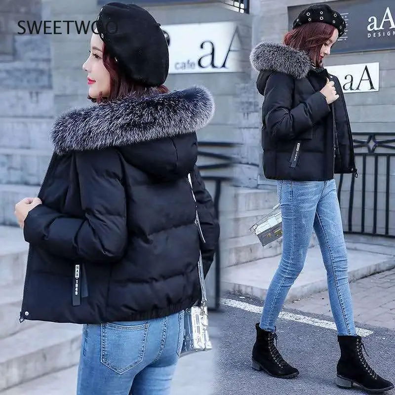 2020 New Winter Jacket Women Parka Coat Fur Collar Hooded Jackets Cotton Padded Parkas Thick Short Coat Female Outwear Tide Slim