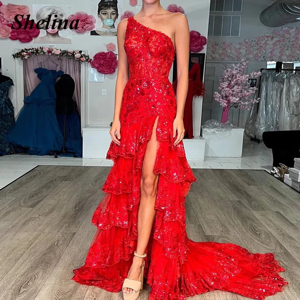 

Shelina Luxury Tiered Prom Dress For Women Split One-shoulder Sleeveless Sequins Appliques A-line Vestido De Noite Custom Made