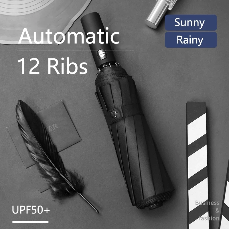 

Quality 12Ribs Automatic Umbrella Rain Wind Resistant Sun Umbrellas Black Coating Umbrella Parasol Portable UV Folding Umbrellas