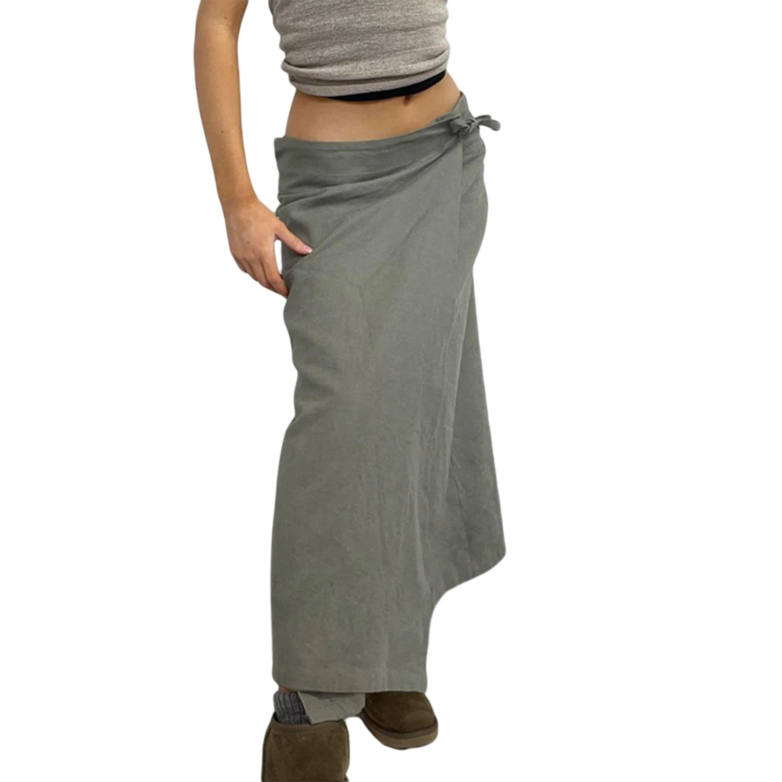 

Gray Casual Baggy Loose Size Cargo Skirts Womens Streetwear Drawstring Hem Low Waist Hippie Long Skirt Y2K Clothes