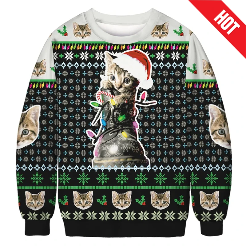 Fashionable 2025 Ugly Christmas Sweater Funny Cat Dog Pattern Sweatshirts Men Cosplay Pullover Boys Crew Neck Sweaters