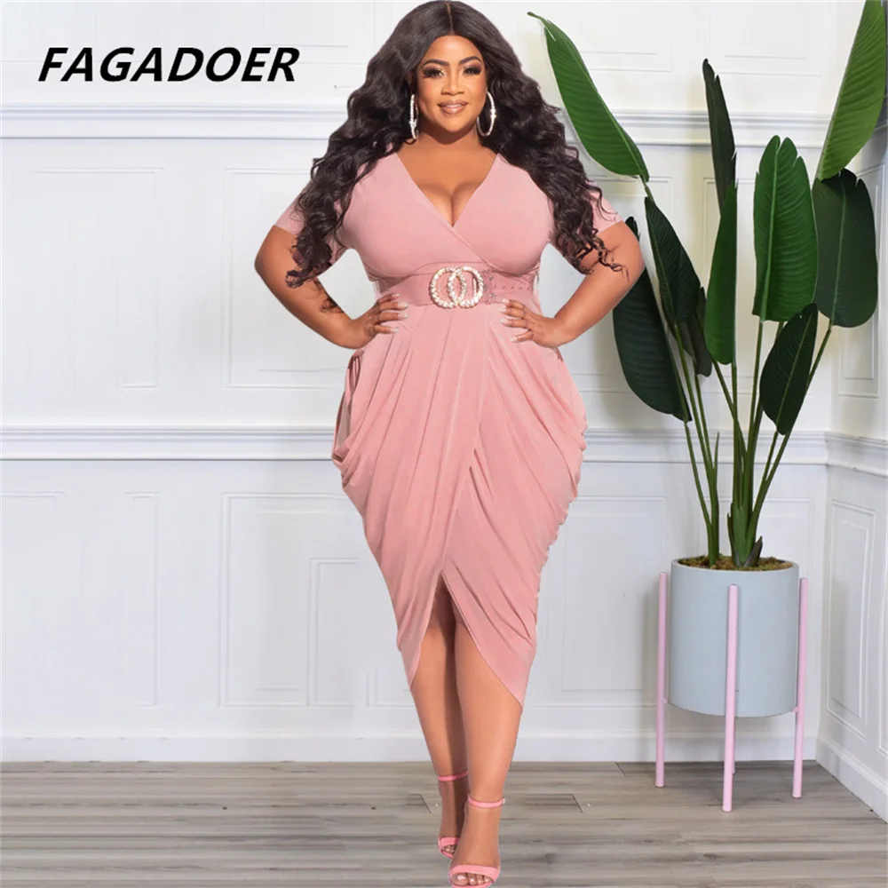 

FAGADOER Elegant Ruched Dresses Plus Size 4xl 5xl Deep V Neck Solid Sexy Evening Party Gowns Outfits Stacked Midi Dress No Belt