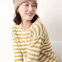 new autumn and winter 100 pure wool striped sweater womens fashion hit color bottoming shirt loose all match cashmere sweater