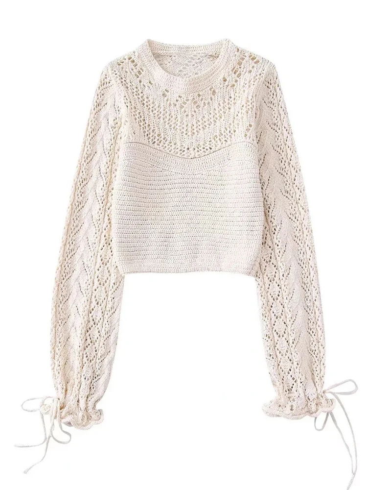 

Merodi женские элегантные летние Вязаные Короткие пуловеры, топы, шикарные женские бежевые свитера с круглым вырезом и длинным рукавом и высокой талией