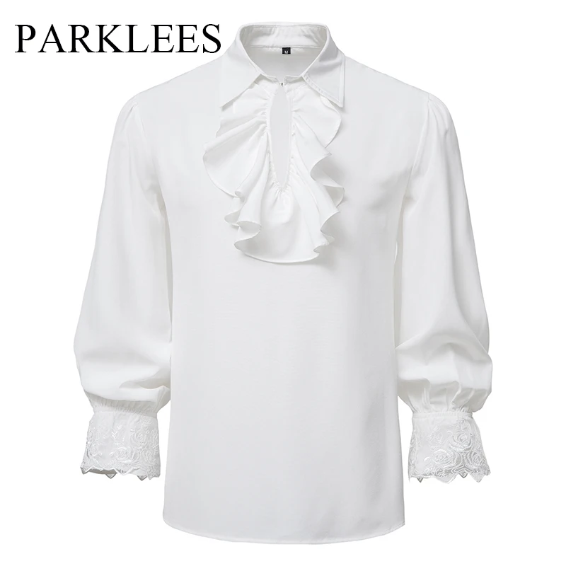 

Parklees Men Ruffle Viking Shirts Medieval Steampunk Gothic Lace Pirate Shirt Halloween Cosplay Party Wedding Dress Shirt Camisa