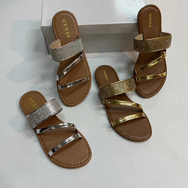 

Туфли женские на плоской подошве, летние шлепанцы, сланцы, пляжные дизайнерские, блестящие, с кристаллами, большие размеры
