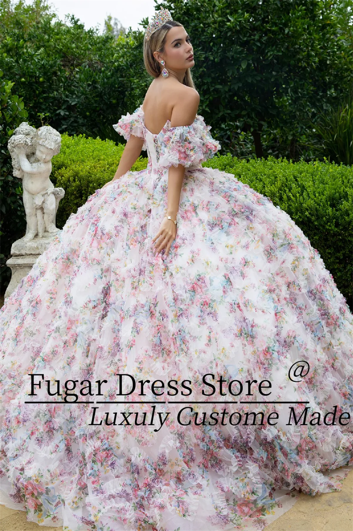 Фото Модные светло-розовые платья Quinceanera с цветочным принтом, длинное платье с открытыми плечами и плиссированная юбка трапециевидной формы, вращающиеся платья для Niñ №2