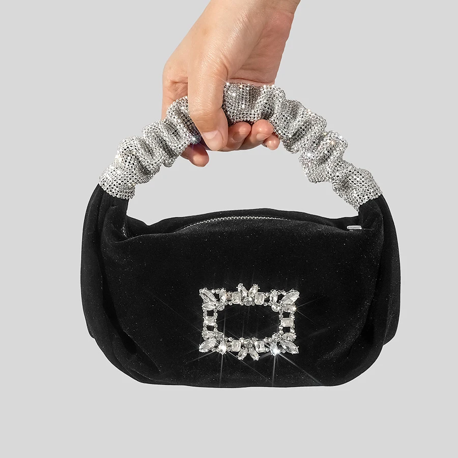 

Fashion Velour Rhinestone Evening Bag Ruched Diamonds Handle Women Handbags Luxury Party Small Hobos Party Purse Female Bag 2023