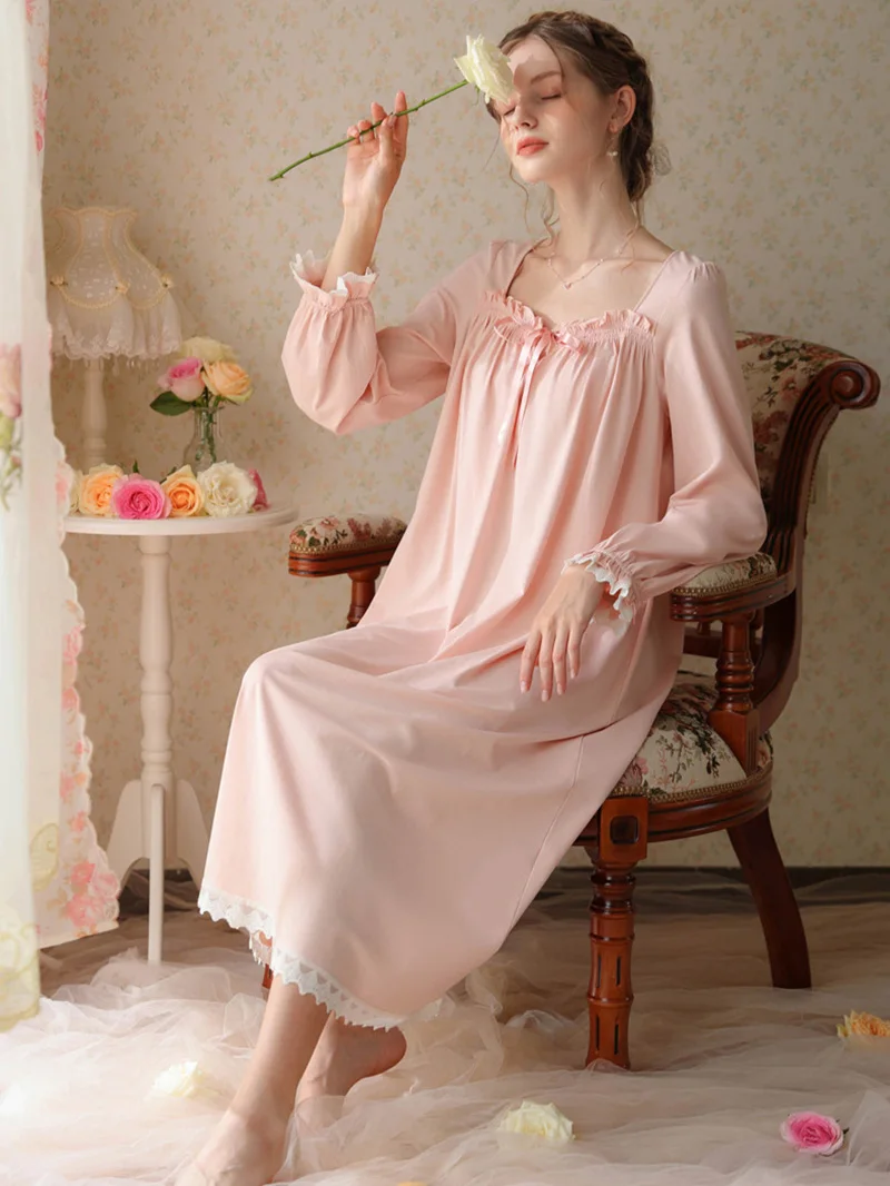 Women Lingerie Vintage Nightie Princess Dresses Cotton Loose Nightdress Ruffle Lace Long Sleeve Sleepwear Nightgown Home Clothes
