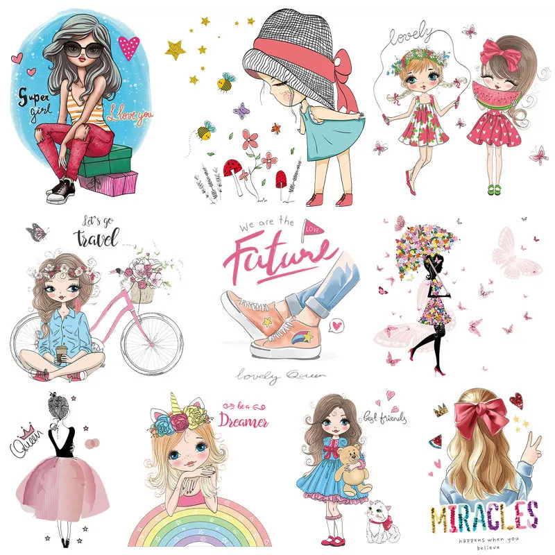 

Cute fresh little girl Heat Transfer Patches For Clothes DIY Thermal Sticker On Clothes Patches Iron On DIY decoration