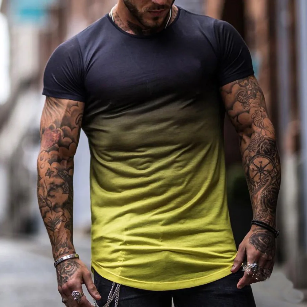 

A2087 Mode Gradiënt Korte Mouwen Kleding Zomer Casual T-shirt Mannen O-hals Tops Merk Kwaliteit Workout Fitness Tee Streetwear